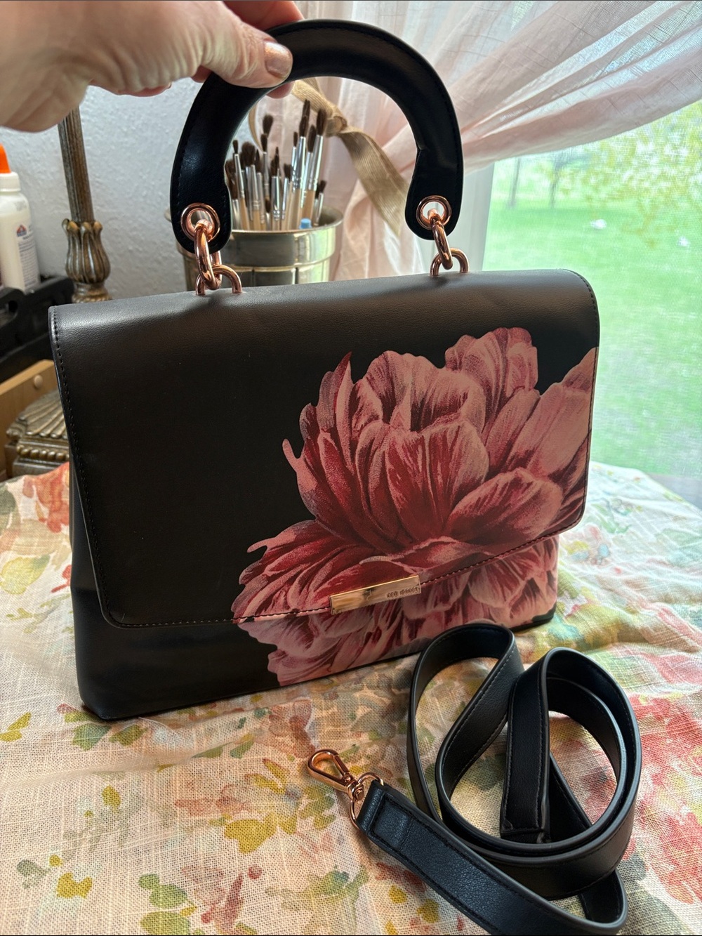 Ted Baker Black Satchel with Pink Floral Print and Rose Gold Hardware like new